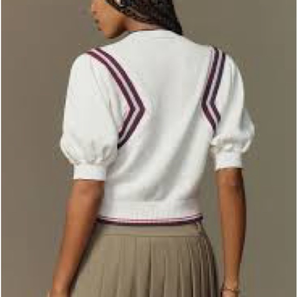 Anthropologie Maeve Puff-Sleeve Inset-Graphic Cardigan Sweater, Sz MP, NWT - Picture 3 of 12